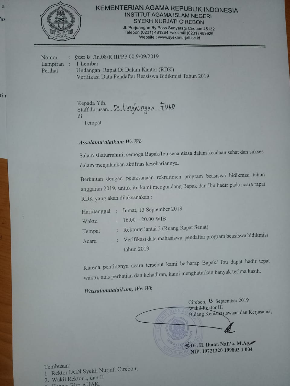 Rapat di Dalam Kantor (RDK) Verifikasi Data Pendaftaran Mahasiswa Bidik Misi Tahun 2019