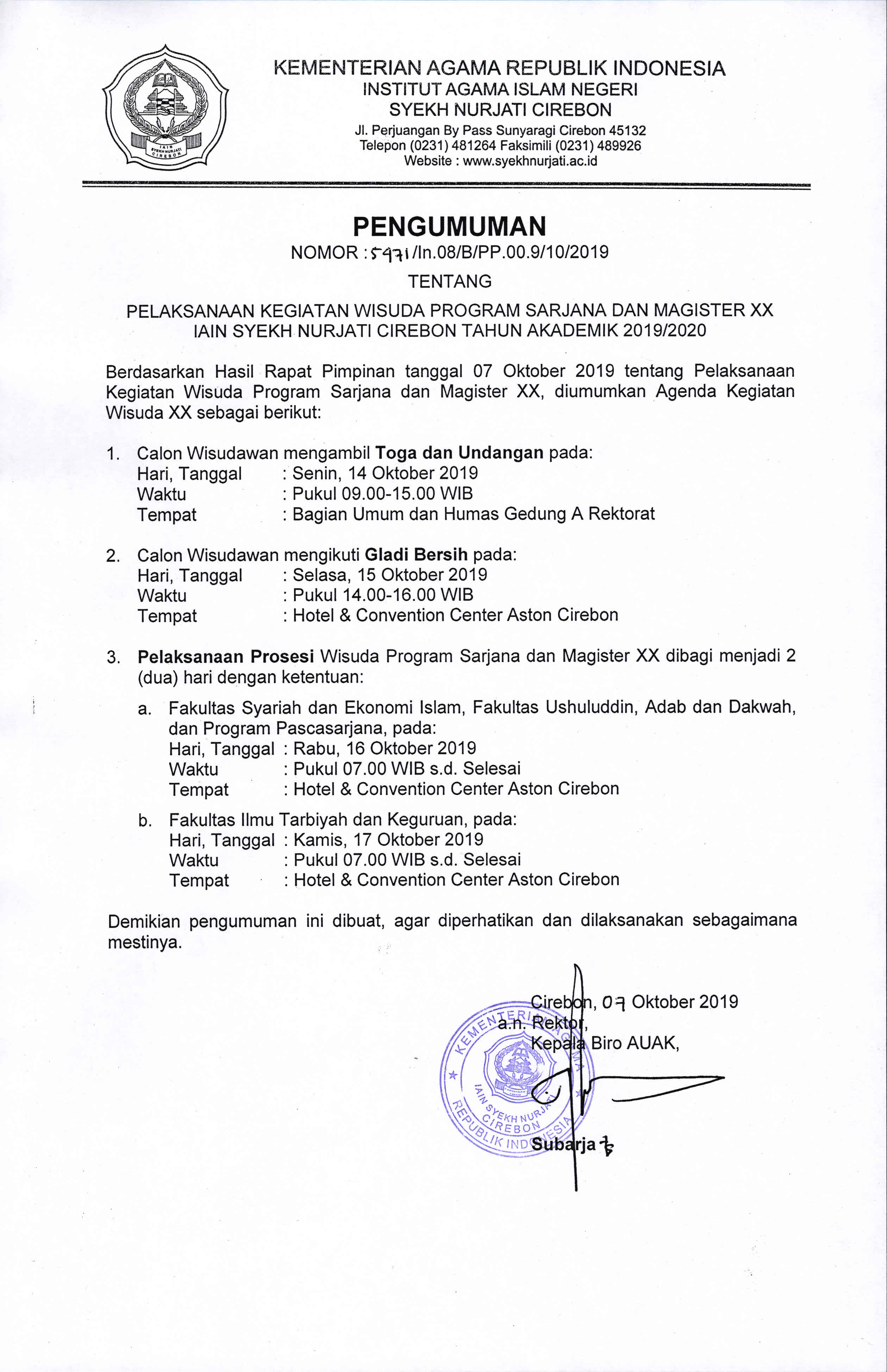 Pengumuman Pelaksanaan Kegiatan Wisuda XX