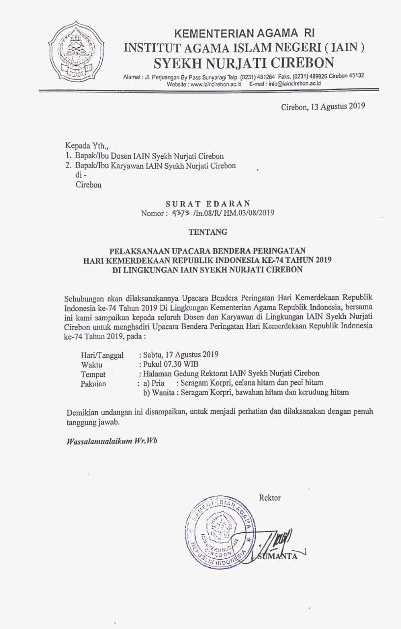 Surat Edaran Pelaksanaan Upacara Bendera Peringatan Hari Kemerdekaan RI ke-74