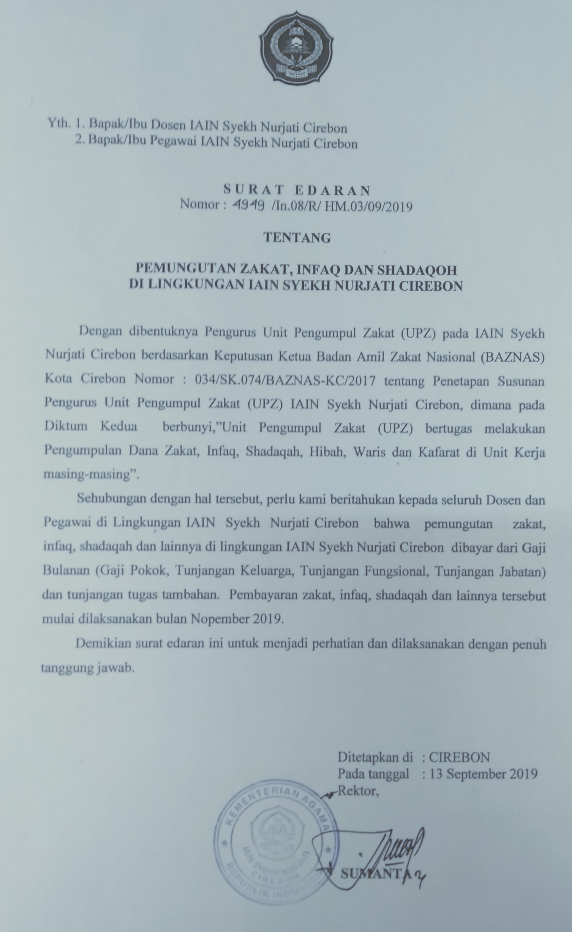 SURAT EDARAN TENTANG PEMUNGUTAN ZAKAT, INFAQ DAN SHODAQOH DI LINGKUNGAN IAIN CIREBON