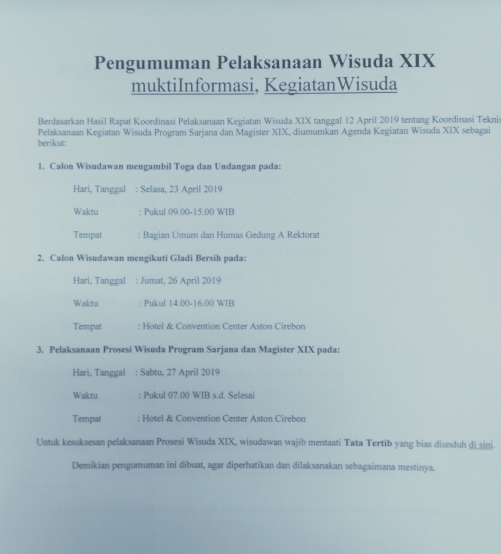 Pengumuman Pelaksanaan Wisuda XIX